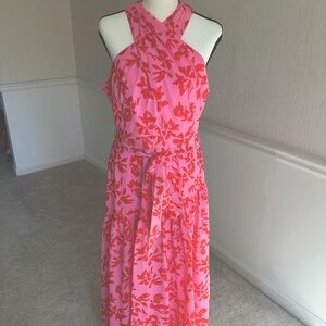 Taylor Pink Red Floral Halter Dress Size 12 Tie Waist Midi Wedding Gue